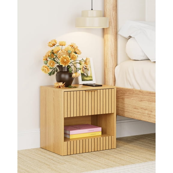 Oak Small Nightstand, Modern Bedside Table with Drawer and Open Shelf, Cube Design Small Side Table for Bedroom, Living Room