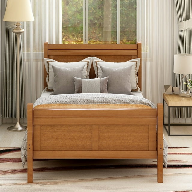 Oak Solid Wood Twin Bed Frame with Headboard and Footboard, No Box