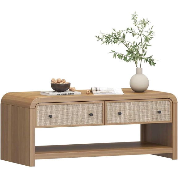 Oak&Sparrow 48'' Boho Coffee Table, Thickened Arc-Shaped Coffee Table with Rattan Drawer, Oak Table for Living Room