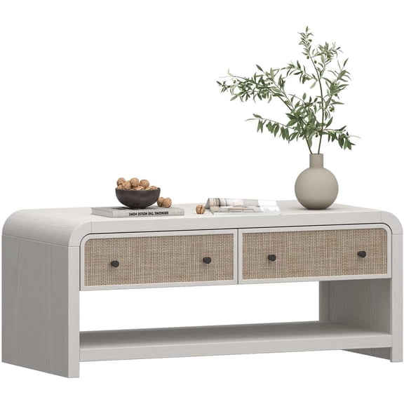 Oak&Sparrow 48'' Boho Coffee Table, Thickened Arc-Shaped Coffee Table with Rattan Drawer, White Table for Living Room