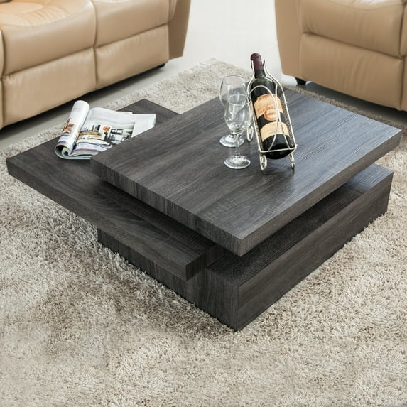 Oak Square Rotating Wood Coffee Table with 3 Layers Home Living Room Furniture