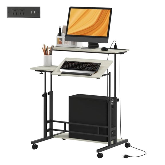 Oak Standing Desk with Charging Station, Adjustable Height Computer Desk for Home Office, Study Desk with Tilting Desktop, 31.5" Wide