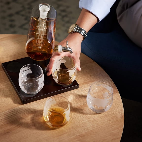 Oak & Steel - 35oz Ship Whiskey Decanter Set with 4 Etched Glasses - Liquor Dispenser for Whiskey, Vodka, Wine, Bourbon, Tequila - Fathers Day Gift for Dad Husband Men