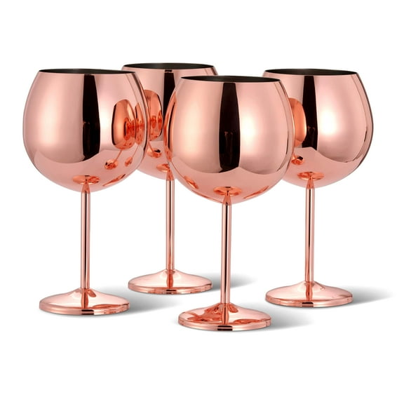 Oak & Steel - Rose Gold Stainless Steel Gin Glass 24oz (4 Pack) - Metal Stem Cocktail, Balloon Wine Goblet Glass for Valentines, Anniversary & Wedding Gifts