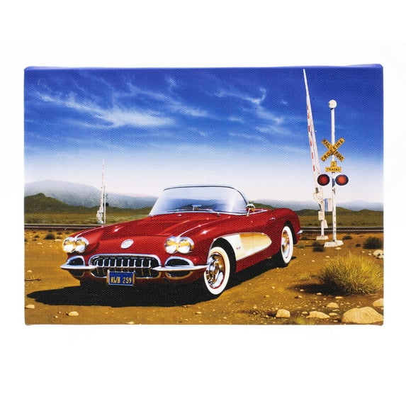 Oak Street Wholesale 8.25" x 6" Flickering LED Lighted Canvas #435 - Red Corvette Railroad Crossing