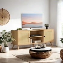Oak TV Stand for 60 Inch TV, Wooden Mid Century Modern Entertainment Center with Natural Rattan Door, Boho Media TV Console for Living Room