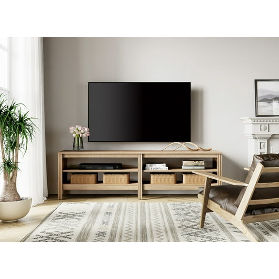 Oak TV Stand for 75 Inch TV, Farmhouse Wood TV Cabinet with 4 Cubby for Living Room Bedroom,70 inch