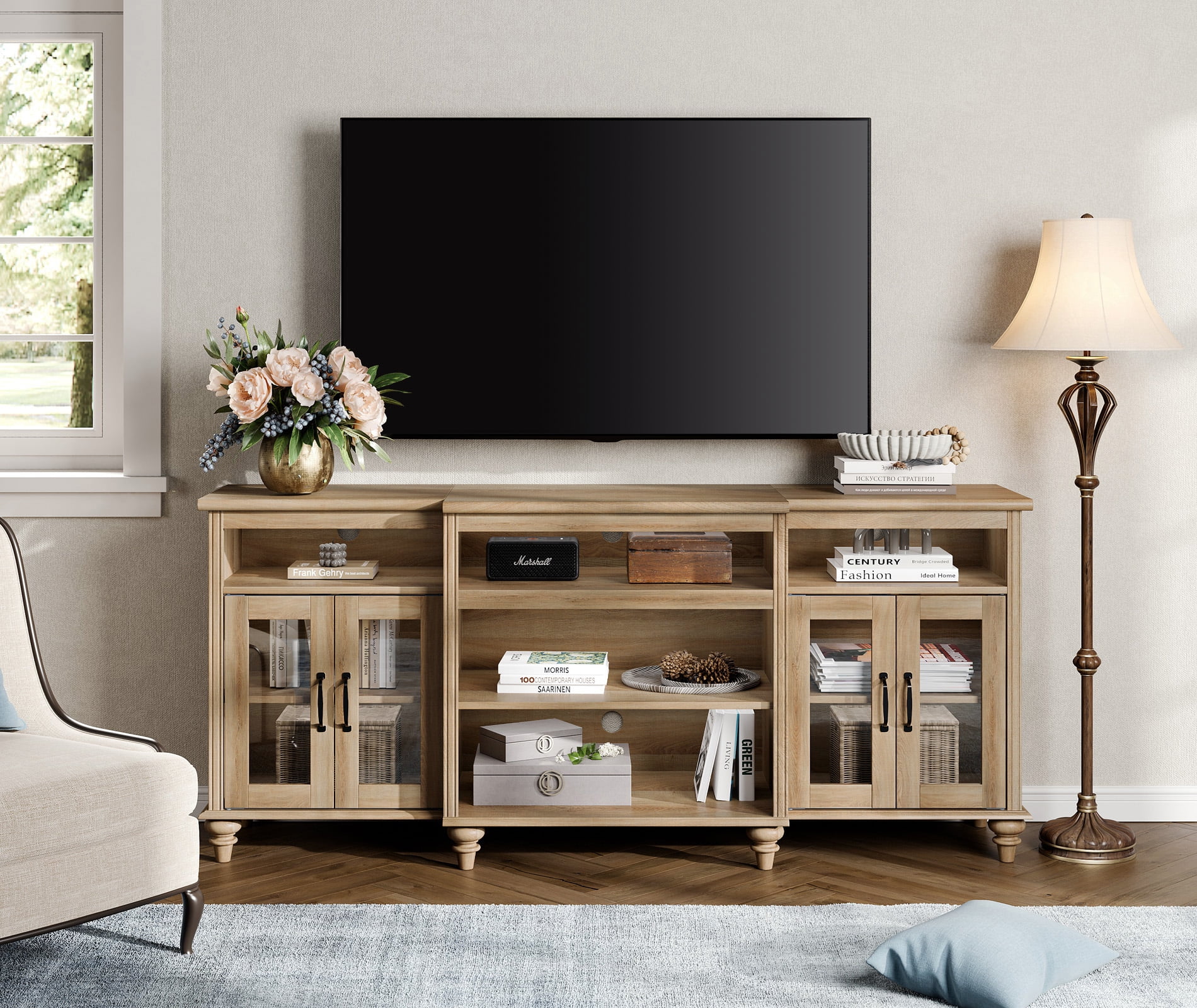 Oak TV Stand for TVs Up to 75 inch, 4-Door Glass Farmhouse TV Console with 9 Storage Cabinets, 70''