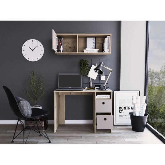 Oak / Taupe Office Cabinet - Two Drawers, Shelves, Wall Mounted For Space Design Furniture With Drawers In And Style