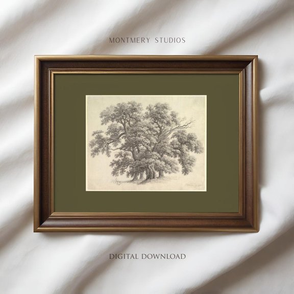 Oak Tree Etching Poster, Olive Green Nature Wall Art