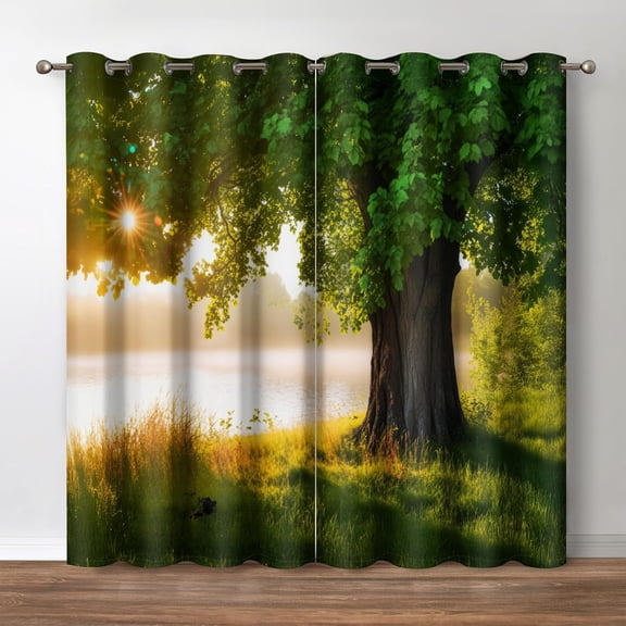 Oak Tree Forest Blackout Curtains Green Jungle Nature Landscape Foggy Scenery Stream View Print Tree Decor for Bedroom Living Room Grommet Window Drapes 2 Panel Set, 52"x63"