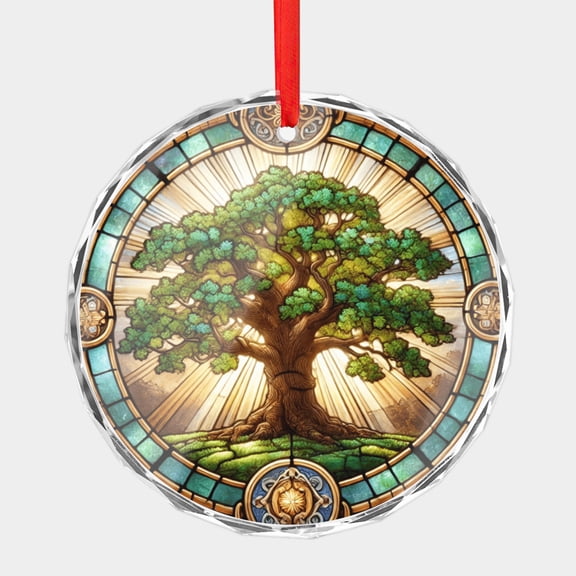 Oak Tree, Grand Oak with Sprawling Branches & Leaves Crystal Glass Christmas Ornament, 3 Flat Round Beveled-Edge Disc (0.23 Thick) with Printed Stained Glass-Style Image, Holiday Tree Gift