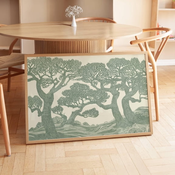 Oak Tree Print Sage Green Wall Art Forest Linocut Print Green Botanical Print Wall Art Woodland Nursery Art Earthy Room Decor Home Decor #819, Unframed Poster Size 8x12