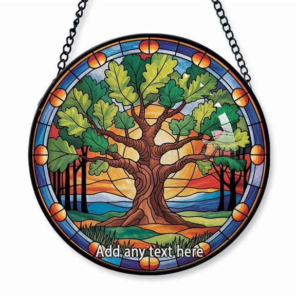 Oak Tree Stained Glass Suncatcher Window Hanging Unique Personalized Window Hanging Christmas 2025, Custom Text Keepsake for Nature Lovers, Friends & Families