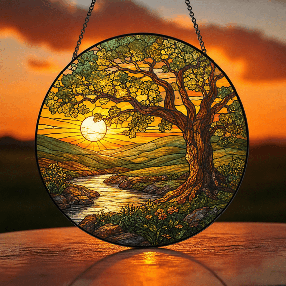 Oak Tree Suncatcher Window Hanging Acrylic Stained Glass Landscape Gift