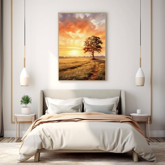 Oak Tree Sunset Heartland Farmhouse Landscape Wall Decor Unframed Paper Print