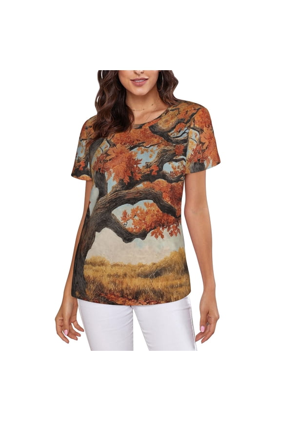 Oak Tree T-Shirt Crew Neck Short Sleeve Full-Print for Women