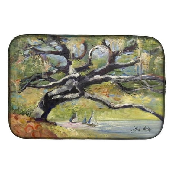 Oak Tree on the Bay With Sailboats Dish Drying Mat