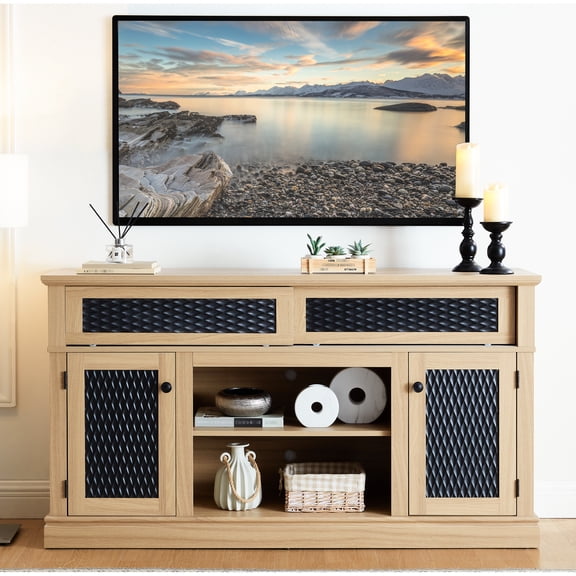 Oak Tv Rack With Feature, Accommodates 65" Tv, Extra Space Media Stand Texture, Fit, Finish