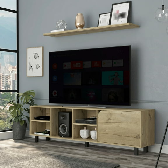 Oak Tv Stand For Tvs Up To 70 Inches, With Four Open Storage Shelves And Five Legs 70" Tvs, Finish Spacious