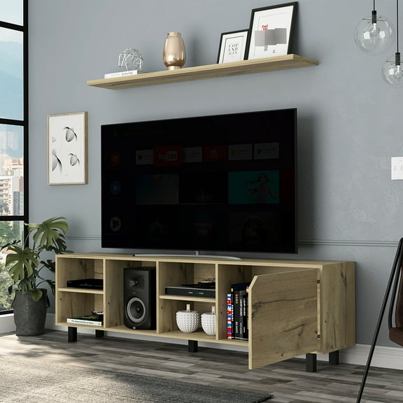 Oak Tv Stand For Tvs Up To 70", With Four Open Shelves And Back Holes 70" Stand, , Oak, Home Entertainment