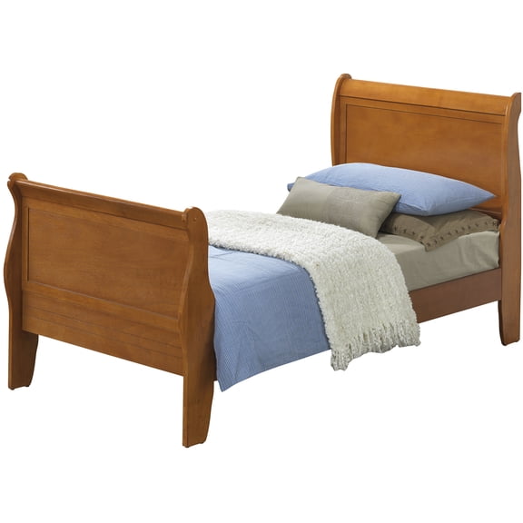 Oak Twin Size Sleigh Bed Frame, Wood Trim Platform Bed with Foundation or Slat Support