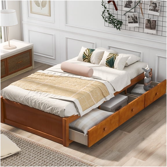 Oak Twin Storage Bed Frame with 3 Drawers, Wood Platform Bed with Slat Support, Space Saver for Small Bedroom
