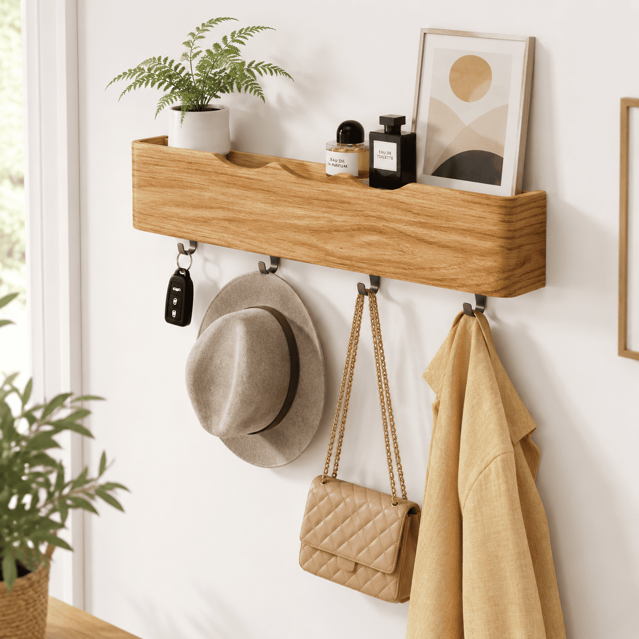 Wall Moount Rack Oak Wave-Shape 4 Hooks Wooden Wall Mount Coat Rack Entryway Organizer ...