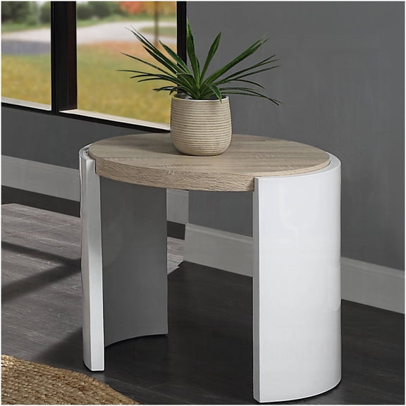 Oak & White High Gloss End Table with Sled Base, Modern Accent Table for Living Room, Bedroom or Office