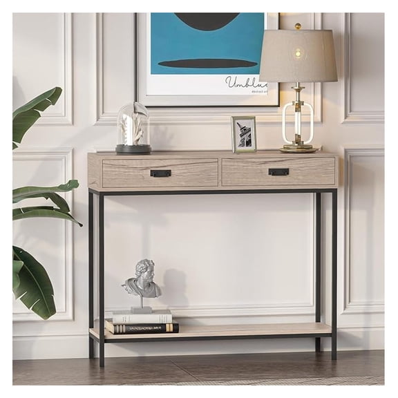 Oak Wood Console Table with 2 Drawers, Hallway Foyer Table with Storage Shelves, Narrow Long Sofa Table, Side Table for Living Room, Hallway, Black Metal Frame, Rustic Brown