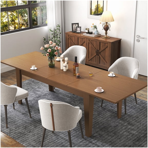 Oak Wood Grain Extendable Table, Large Dining Table for 10, Space Saving Expandable Kitchen Table with Melamine Top