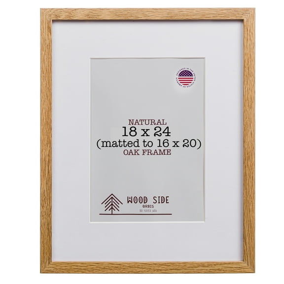 Oak Wood Picture Frames 18x24 with Mat for 16x20 - Natural Solid Wood Photo Frame Real Glass Wall Hanging