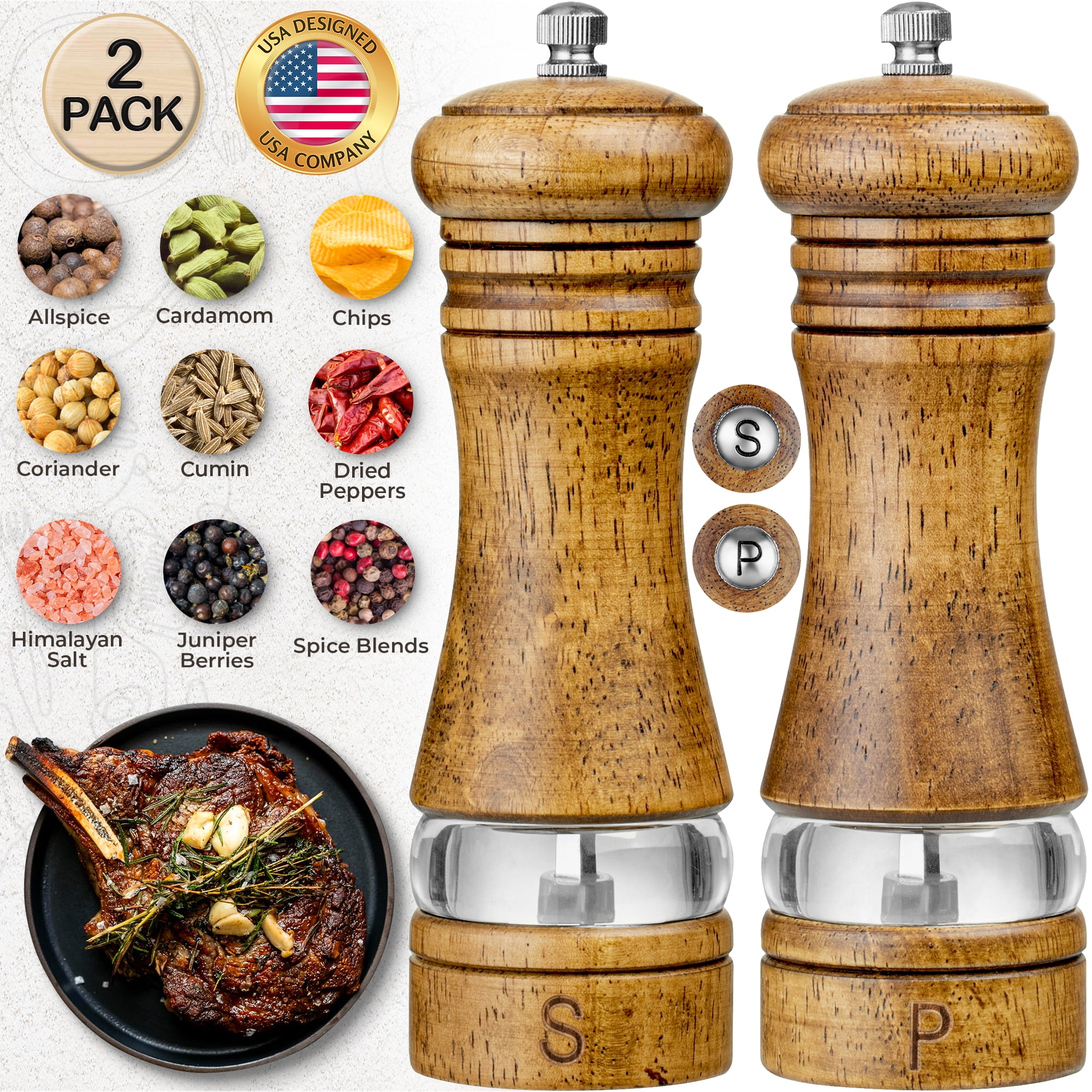 Oak Wood Salt and Pepper Grinders Set, 6.5 Inch Tall Refillable Salt & Pepper  Mills by LavaPop 