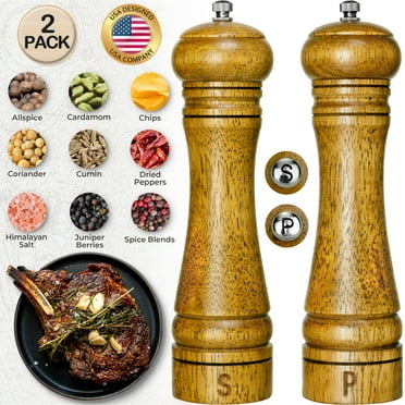 Oak Wood Salt and Pepper Grinders Set, 8.5 Inch Tall Refillable Salt & Pepper Mills by LavaPop