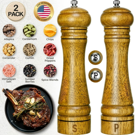 Oak Wood Salt and Pepper Grinders Set, 8.5 Inch Tall Refillable Salt & Pepper Mills by LavaPop