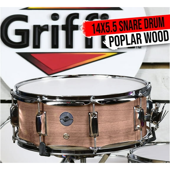 Oak Wood Snare Drum by GRIFFIN - PVC on Poplar Wood Shell 14" x 5.5" - Percussion Musical Instrument by GeekStands.com