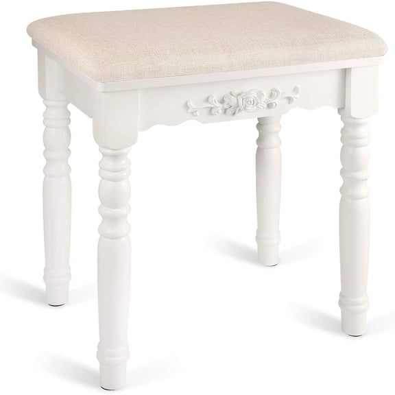 Oak Wood Vanity Stool, Modern Makeup Dressing Stool with Concave Seat Surface,Capacity 300lb, Easy Assembly (White)