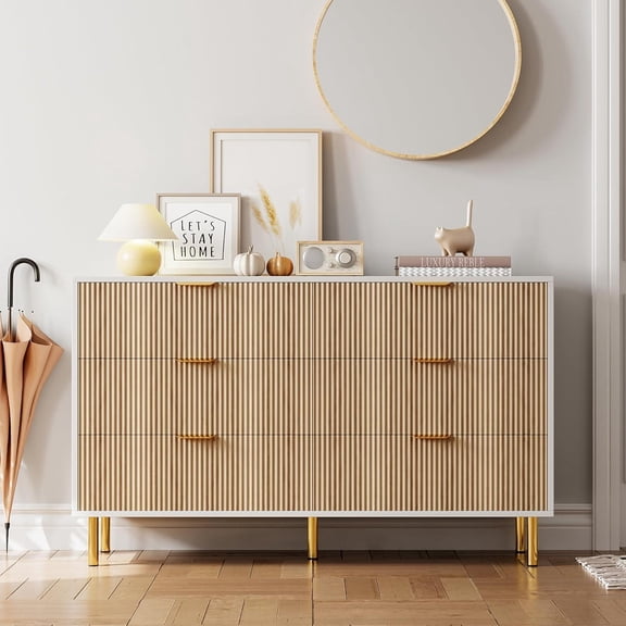 Oak Wooden 6 Drawer Storage Dresser Chest with Gold Handles for Home Furniture
