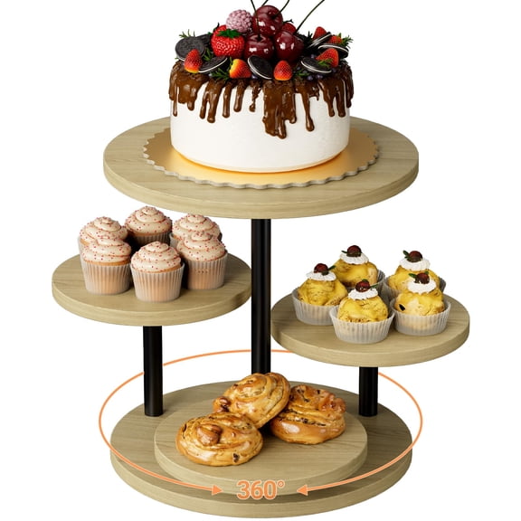 Oak Wooden Rotating Cake Stand, 4 Tiered Dessert Display for Parties, Weddings and Showers