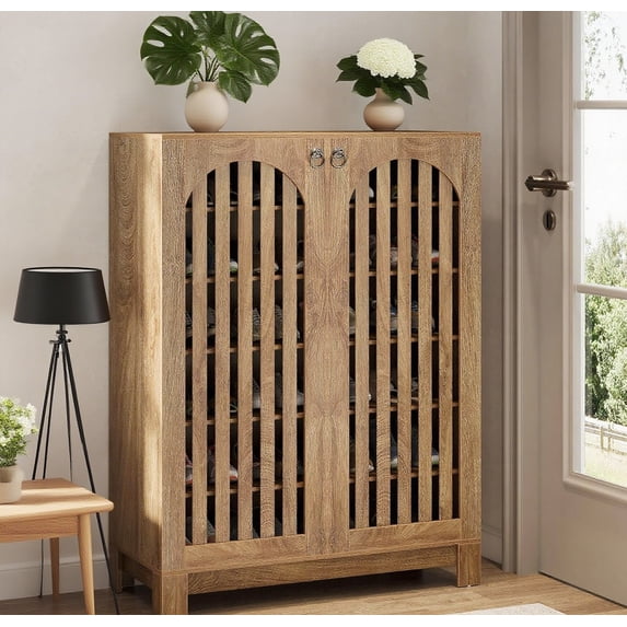 Oak Wooden Shoe Cabinet with Louver Doors, 6-Tier Entryway Shoe Rack Organizer, Adjustable Shelves, Storage for 24 Pairs, Living Room Bedroom, Anti-Tip Design