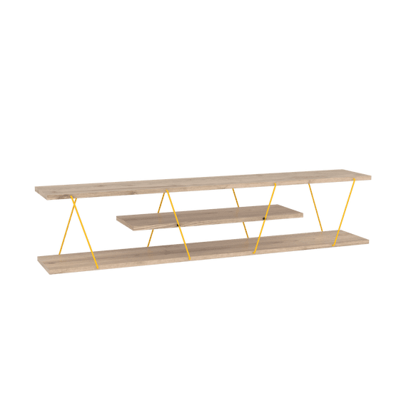 Oak/Yellow Mid-Century Modern TV Stand, 56" Entertainment Console with 4 Open Shelves, Metal Cord Management