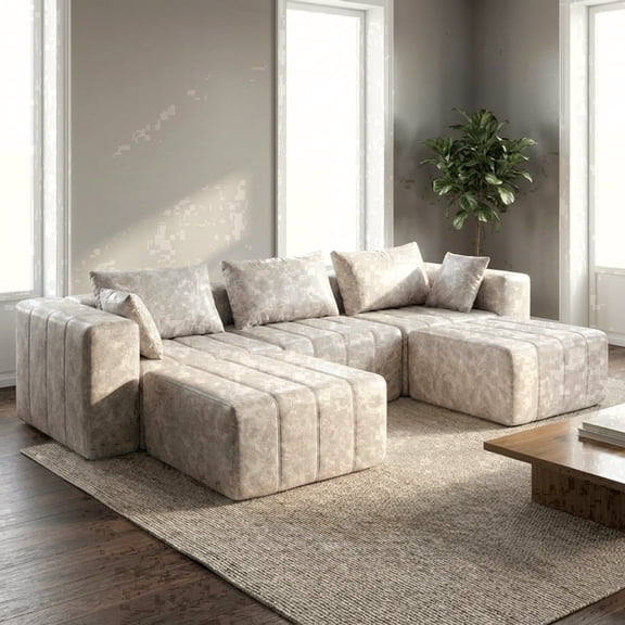 Oak and Birch 110” Wide 5-Seater Ergonomic Modular Couch, Compressed No-Assembly Sectional Sofa with Chaise & Bed-Style Layouts, Oyster
