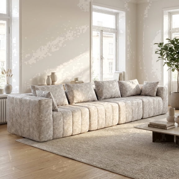 Oak and Birch 140” Wide 4-Seater Ergonomic Modular Couch, Compressed No-Assembly Sectional Sofa with Chaise & Bed-Style Layouts, Oyster
