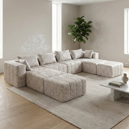 Oak and Birch 140” Wide 8-Seater Ergonomic Modular Couch, Compressed No-Assembly Sectional Sofa with Chaise & Bed-Style Layouts, Oyster