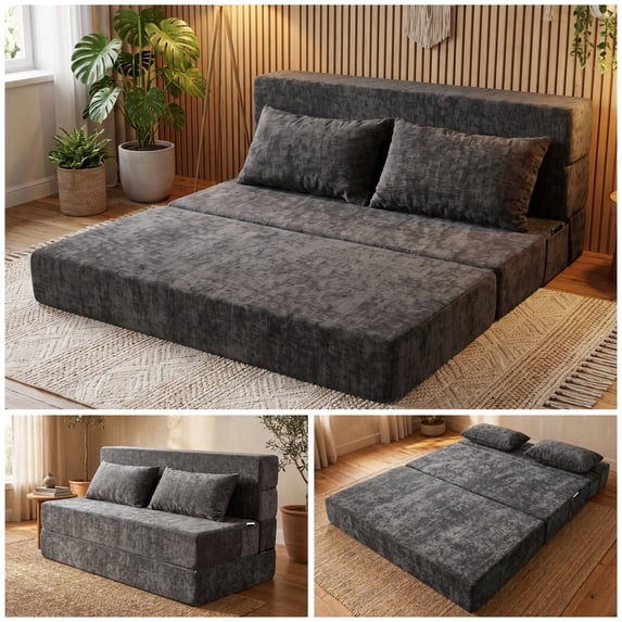 Oak and Birch Boneless Folding Sofa Bed Floor Couch with Pillow, 3-in-1 Convertible Chaise Lounge & Sleeper, Chenille, Queen, Dark Gray