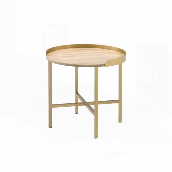Oak and Gold End Table with Tray Top - 22.5" Round, Metal Base, Sophisticated Design