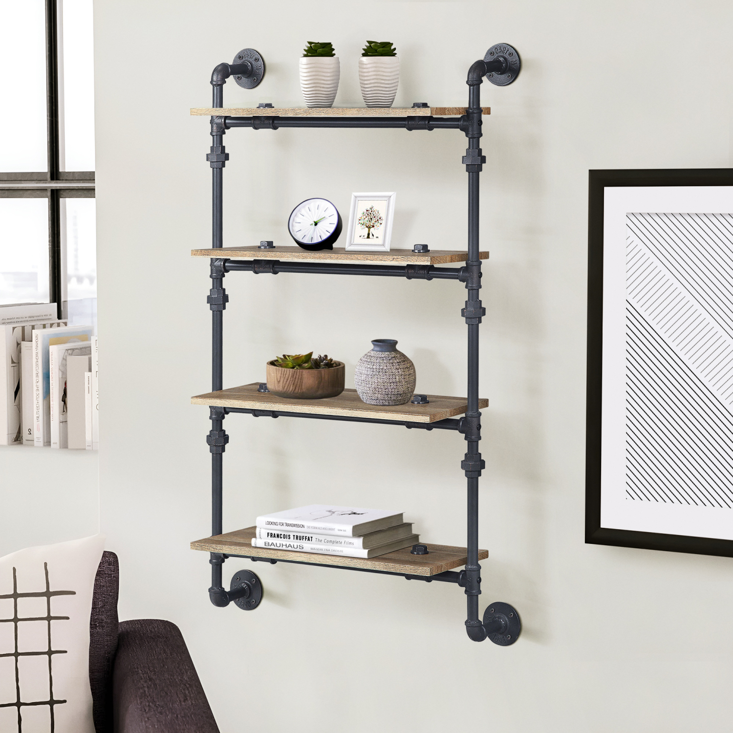 Oak And Sandy Black 4 Tier Industrial Wall Shelf With Water Pipe Design 