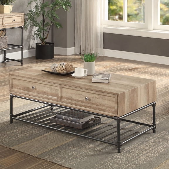 Oak and Sandy Black Coffee Table with Bottom Shelf - Offers Sturdy Support & Modern Industrial Aesthetic