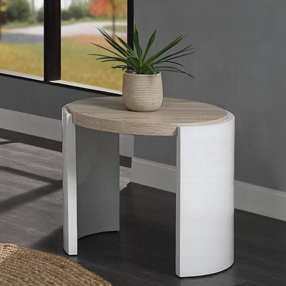 Oak and White High Gloss End Table with Sled Base - Stylish and Durable Furniture for Your Home