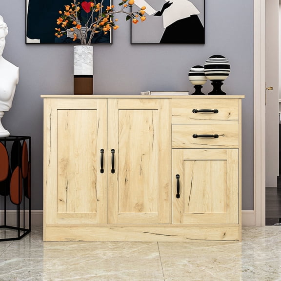 Oak - colored Sideboard with 3 Doors and Hidden Shelf for Dining Room and Home Office Use